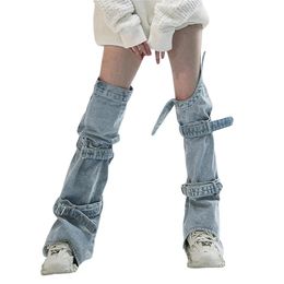 Women s Y2K Denim Leg Warmers 80s Knee High Harajuku Buckle Jean Socks Punk Gothic Leg Cover Stockings Streetwear 240108