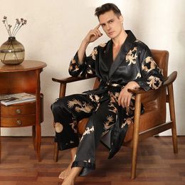 Male Satin Sleepwear Robe Pants Dargon Pajamas Set Print Men Nightwear Kimono Bathrobe Gown Faux Silk Lounge Wear Home Clothes 240108