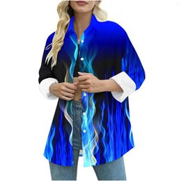 Women's Blouses 3d Flame Print Women Shirt Autumn Fashion Hawaiian Shirts For Street Long Sleeve Loose Oversized Woman Clothing