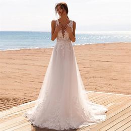 Stunningbride 2024 Elegante Boho Beach A Line Abiti da sposa per le donne Senza maniche 0 Collo Abito da sposa Applicazioni di pizzo Abito da sposa Backless