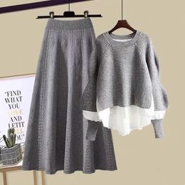 Autumn and Winter Fashion Set Womens Korean Version Loose Fitting Two Piece Knitted Sweater Half Skirt 240108