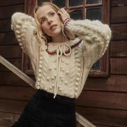 Women's Sweaters 2024 Autumn Ladies Heavy Crochet Lace Collar Ball Cable Wool Blended Knitted Sweater