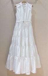 Casual Dresses Cotton Long Dress 2024 Spring Summer Style Women Belt Deco Sleeveless High Waist White Black Maxi Luxurious Lady