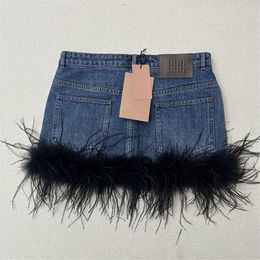 Feather Fur Patchwork Designer Denim Skirt Women Blue Mini Skirts Dress Sexy Luxury Jean Skirts 958