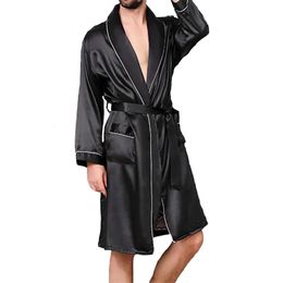 Men Satin Bathrobe with Belt Adults Contrast Color Long Sleeve V-neck Night Robe with Pockets 240108