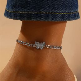 2024 Fashion Bohemia Butterfly 14k White Gold Anklet Rhinestone Chain Foot Jewellery for Women Summer Beach Barefoot