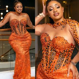 Orange Lace Prom Dresses Plus Size Illusion Sexy Mermaid Long Sleeves Formal Evening Occasion Gowns For African Black Women Birthday Party Dress Engagement NL421