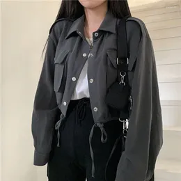 Women's Jackets Basic Spring Cropped Cargo Outwear Korean Style All-match Tunic Lapel Streetwear Punk Female Pockets Fashion Top