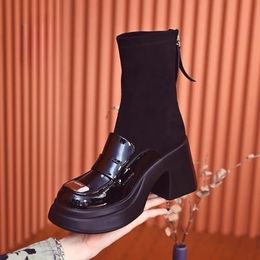 Chelsea Boots Women Mid Heels Shoes Autumn Winter Platform Ankle Motorcycle Punk Gladiator Botas Goth Mujer Zapatos 240108