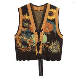 Women's Knits Autumn And Winter Knitted Vest For Women Early V-neck National Wind V Sunflower Sweater Top