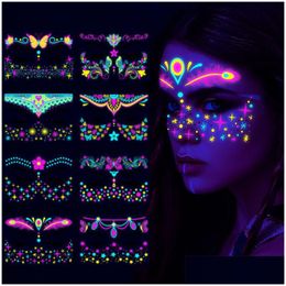 Other Festive Party Supplies Festival Fluorescent Tattoos Halloween Butterfly Waterproof Face Stickers Temporary Neon Masquerade T Dhldv