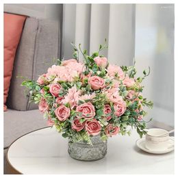 Decorative Flowers Artificial Roses Hydrangea Bouquet Silk Fake Home Simulation Flower Evening Face Pink Rose Wedding Decoration