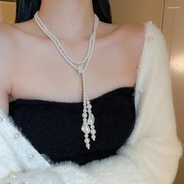 Pendant Necklaces French Retro Multi-Layer Long Pearl Necklace Woven Sweater Clavicle Chain Women