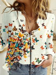 Women's Blouses Fashion Retro Butterfly Group Print Long Sleeve Blouse 2024 Spring Lapel Button Casual Ladies 5Xl Home Shirt