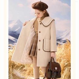 Jackets Girl Top Autumn Winter Preppy Style Woollen Coat Baby Solid Heavy Quilted Mid Length Overcoat Children Clothes Coats