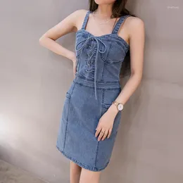 Casual Dresses Sexy Denim Strap For Women 2024 Summer Fashion Lacing Up Slim Bandage Bag Hip One-Piece Pencil Dress Female S24