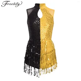 Stage Wear Kids Girls Jazz Latin Dance Dress Figure Skating Gymnastics Leotard Sleeveless Sequins Tassels Sheer Mesh Bodysuit Dancewear