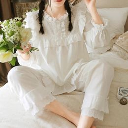 Women Princess Long sleeve Lace Ruffle Pajama Sets TopsPants.Vintage Ladies Cotton Pyjamas Set Victorian Girl's Home Sleepwear 240106