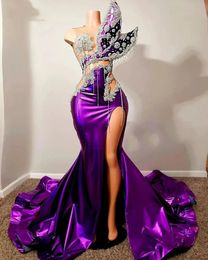 Dresses Sparkly Sexy Purple Prom Dress 2023 Illusion Beads Crystal High Side Split Formal Birthday Party Gowns Robe De Bal