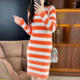 Casual Dresses Korean Simple Autumn Winter V-neck Sweater Dress Long Sleeve Women Imitation Mink Fleece Stripe Medium Bottom Knit