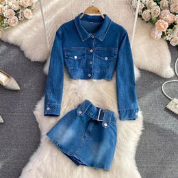 Work Dresses Retro Hong Kong-style Temperament Puff Sleeves Short Navel Denim Jacket High Waist Skirt Two-piece Set