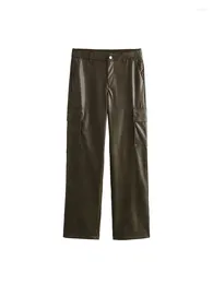 Women's Pants Autumn 2024 Straight Leg For Women Casual Faux Leather Cargo High Waist Woman Trousers