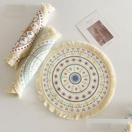 Mats Pads Bohemian Cotton Thread Placemats Scandinavian Fabric Woven Round Home Kitchen Insated Anti-Scald Tassel Table Coasters D Dhhcy