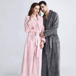 Women Long Plus Size Winter Warm Coral Fleece Bathrobe Men Flannel Bath Robe Kimono Spa Bride Dressing Gown Cosy Sleepwear 240108