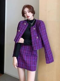 Work Dresses Spring Fall Woman Tweed Fashion Two Piece Set Plaid Double Breasted Long Sleeve Cropped Top Jacket High Waist Mini Skirt Suit