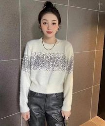 Women's Sweaters Knitted Pullovers Women O Neck Long Sleeve Sequins Solid Tops Loose Casual Vintage Designer Warm Jumpers Sueter Mujer