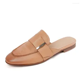 Sandals Women Sheepskin Mules Retro Genuine Leather Slippers 2024 Summer Ladies Flat Beige Apricot Shoes Round Toe Metal Decoration