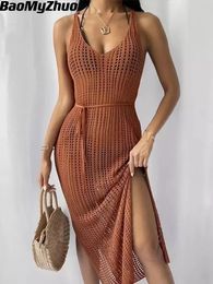 2024 New Sexy Hollow Fish Net Maxi Knitted Dress Women's Party Club See Through Bodycon Long Dress Summer Beach Holiday Set 240108