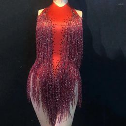 Stage Wear Shining Diamonds Red Tassel Sleeveless Bodysuits Backless Women Birthday Celebration Party Costumes Nightclub Singer