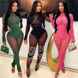 2024 Designer Sexy Mesh Patchwork Jumpsuits Women Spring Bodycon Rompers Long Sleeve See Through Leggings Overalls Party Night Club Wear Wholesales Clothes 10500