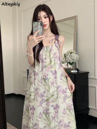 Casual Dresses Purple Floral Baggy Dress Women Thin Sweet Sleeveless Summer Graceful Chic French Style Holiday Literary Aesthetic Trendy