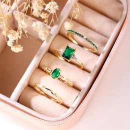 Wedding Rings 4pcs Female Green Zircon Stone Ring Set Trendy Yellow Gold Colour Engagement For Women Cute Bride Jewellery Gift