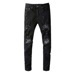 Mens Designer Pants Purple Jeans Amris 666 High Street Fashion Brand Jeans with Broken Patch Jeans Fashion Trend Slim Fit