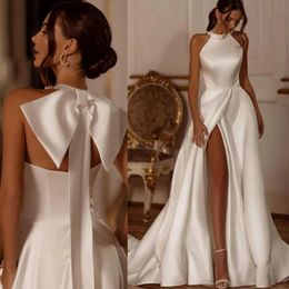 Moderni 2024 abiti da sposa a-line del collo cacciatore fiocco sexy perle sciolte divisi in raso da sposa abiti da sposa da sposa da sposa