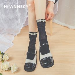 HIANNECY Original Lovely Lace Girl's Black Women's Pearl Socks JK Calf Lolita Socks Student Summer Ultra-thin Silk White Socks 240108