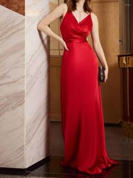Casual Dresses Cutubly Women Red Satin Evening Elegant Spaghetti Strap Bridesmaid Dress 2024 Female Slim Party Club Formal Robe