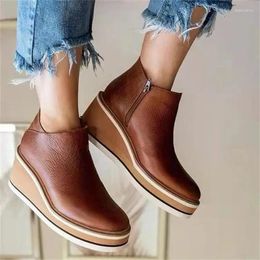 Boots Women Short 2024 Round Toe High Platform Wedges Retro Booties Soft Leather Zipper Comfortable Ankle For Woman