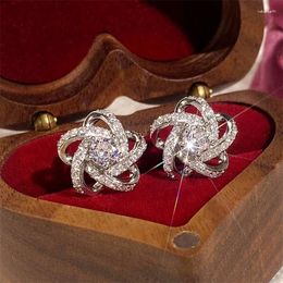 Stud Earrings Huitan Flower Shape Silver Colour Trendy Luxury Women Ear Piercing Fancy Daily Wear Accessory Chic Jewellery