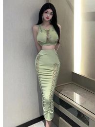 Work Dresses Summer Women's 2024 Sexy Spicy Girls Hollow Out Sleeveless Tank Top Slim Wrap Hip Fashion Solid Colour Half Skirt Set PAEG