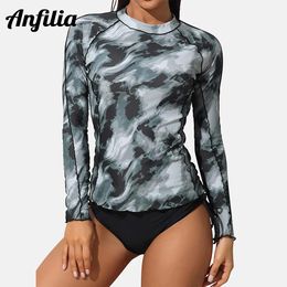 Shirts Anfilia Women Long Sleeve Rash Guard Shirts Swimwear Rash Guard Top Surf Top Tie Dye Printing Closefitting Shirt Upf 50+