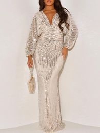 Casual Dresses Elegant Shiny Evening Dress Women Party Long Gown Sleeve Sequins Even Robe Femme Bridesmaid Wedding Celebrity