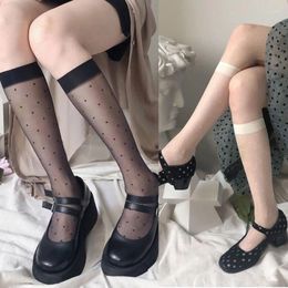 Women Socks Summer Sexy Transparent Calf Harajuku Vintage Polka Dot Print Jacquard See-Through Mesh Knee Hosiery 37JB