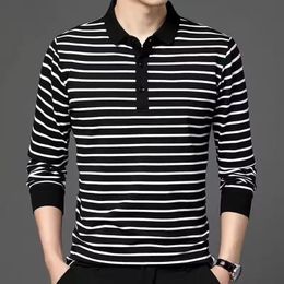 Spring and Autumn Men's Long Sleeve Tshirt with Polo Collar Black White Stripes Top Youth Casual Male Comfortable Shirt 240108