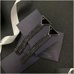 Stud Women Fashion Brand Black Earrings Triangle Long Tassel Chain Dangle Drop Ear Studs Have Stamps Eardrop For Lady Luxury Designer Dhlin
