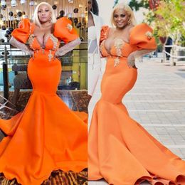 Orange Nigeria African Prom Dresses Plus Size Mermaid Long Sleeves Evening Dresses for Special Occasions Beaded Satin Formal Dress Birthday Party Gowns Gala AM352