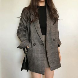 Women Winter Plaid Blazers Coats Korean Fashion Elegant Solid Thick Jacket Female Double Breasted Office Lady Long Overcoat 240108